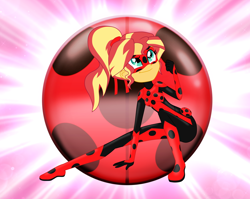 Size: 1884x1500 | Tagged: safe, artist:machakar52, derpibooru import, sunset shimmer, equestria girls, adrien agreste, alternate hairstyle, barely eqg related, bodysuit, clothes, cosplay, costume, crossover, female, mask, miraculous ladybug, mister bug, ponytail, shoes, solo