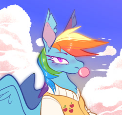 Size: 1280x1215 | Tagged: safe, artist:idefix, derpibooru import, rainbow dash, pegasus, pony, applejack's cutie mark, bubblegum, clothes, cloud, food, gum, implied appledash, implied lesbian, implied shipping, jacket, sky background, solo