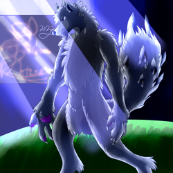 Size: 5800x5800 | Tagged: safe, artist:florarena-kitasatina/dragonborne fox, derpibooru import, oc, oc only, oc:fenrir, diamond dog, absurd resolution, beefcake, chest fluff, crepuscular rays, ear fluff, ears, paw pads, paws, signature, underpaw, upright, watermark