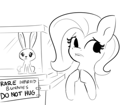 Size: 3489x3000 | Tagged: safe, artist:tjpones, derpibooru import, fluttershy, pegasus, pony, rabbit, animal, black and white, female, grayscale, high res, hooves together, lip bite, mare, monochrome, not angel bunny, sign, simple background, solo, this will end in jail time, white background