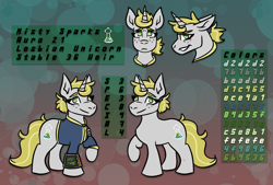 Size: 1434x972 | Tagged: safe, artist:hiddenfaithy, derpibooru import, oc, oc only, oc:misty sparks, pony, unicorn, fallout equestria, clothes, fallout equestria: uncertain ties, fanfic art, female, jumpsuit, lesbian, pipbuck, redraw, reference sheet, vault suit