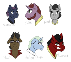 Size: 5000x4320 | Tagged: safe, artist:hiddenfaithy, derpibooru import, oc, oc only, oc:cuffs, oc:flask, oc:hammers, oc:healing drops, oc:sapphire swirl, oc:steel, earth pony, pegasus, unicorn, fallout equestria, fallout equestria: uncertain ties, fanfic art, old art, simple background, sketch, text, white background