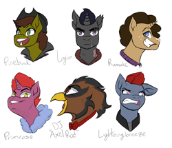 Size: 4680x4026 | Tagged: safe, artist:hiddenfaithy, derpibooru import, oc, oc only, oc:dj axel rod, oc:legion, oc:lightingbreeze, oc:pinebuck, oc:primrose, oc:rumcake, earth pony, griffon, pegasus, pony, unicorn, fallout equestria, fallout equestria: uncertain ties, fanfic art, old design, simple background, sketch, text, white background