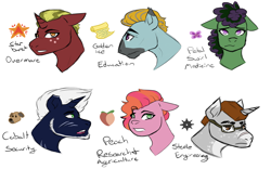 Size: 2000x1250 | Tagged: safe, artist:hiddenfaithy, derpibooru import, oc, oc only, oc:cobalt, oc:golden ice, oc:peach, oc:petal swirl, oc:starburst, oc:steele, earth pony, unicorn, fallout equestria, cutie mark, facial hair, fallout equestria: uncertain ties, fanfic art, goggles, scar, simple background, sketch, text, white background