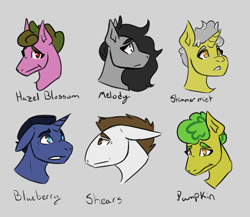 Size: 1200x1040 | Tagged: safe, artist:hiddenfaithy, derpibooru import, oc, oc only, oc:blueberry, oc:hazel blossom, oc:melody, oc:pumpkin, oc:shears, oc:shimmermist, earth pony, pony, unicorn, fallout equestria, fallout equestria: uncertain ties, fanfic art, simple background, sketch, text