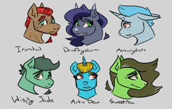 Size: 1576x1000 | Tagged: safe, artist:hiddenfaithy, derpibooru import, oc, oc only, oc:artic dew, oc:draftystorm, oc:irontail, oc:mercurydrops, oc:sweetpea, oc:wispy jade, pegasus, pony, unicorn, fallout equestria, coat markings, fallout equestria: uncertain ties, fanfic art, freckles, scar, simple background, sketch, text