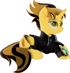 Size: 6967x7302 | Tagged: safe, artist:lincolnbrewsterfan, derpibooru import, oc, oc:killer epic, alicorn, pony, fallout equestria, my little pony: the movie, .svg available, alicorn oc, belt, bomber jacket, clothes, colored wings, cowlick, crossed legs, fallout equestria oc, fire, folded wings, gold pipbuck 3000, gradient wings, gun, handgun, heart, heart hoof, horn, inkscape, jacket, leather jacket, lincoln brewster, looking up, lying down, male, male alicorn oc, movie accurate, pipbuck, pipbuck 3000, pistol, pocket, ponified, profile picture, prone, security, simple background, sitting, smiling, solo, stallion, svg, tail, tail around leg, transparent background, two toned mane, two toned tail, underhoof, vector, weapon, wings, zipper