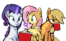 Size: 2434x1551 | Tagged: safe, artist:yidwags, derpibooru import, applejack, fluttershy, rarity, earth pony, pegasus, pony, unicorn, angry, bag, earth pony problems, eating, feed bag, food, happy, levitation, magic, muzzle, popcorn, simple background, sitting, smiling, telekinesis, theater, trio, white background, wing hands, wing hold, wings