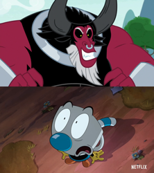 Size: 1920x2160 | Tagged: safe, derpibooru import, edit, edited screencap, screencap, lord tirek, centaur, taur, the ending of the end, comparison, cuphead, evil grin, grin, mugman, netflix, scared, shrunken pupils, smiling, the cuphead show