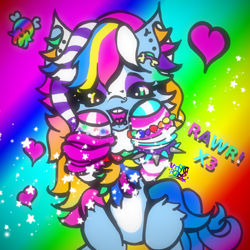Size: 2000x2000 | Tagged: safe, artist:umbrapone, derpibooru import, oc, oc only, :o, abstract background, all the colours!, black sclera, bracelet, cheek fluff, chest fluff, clothes, colored hooves, ear fluff, ear piercing, ears, golden eyes, green eyes, hairpin, heart, jewelry, leg warmers, long mane, long tail, multicolored hair, muzzle piercing, needs more saturation, nose piercing, nose ring, open mouth, pansexual pride flag, piercing, pride, pride flag, rainbow, rainbow background, rainbow hair, rawr, scene kid, skull, sparkle pony, sparkles, spiked wristband, striped mane, stripes, tail, teeth, wall of tags, white belly, wristband, x3