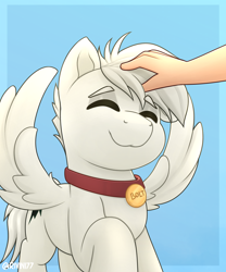 Size: 2000x2400 | Tagged: safe, artist:rivin177, derpibooru import, oc, oc:bolt the super pony, pegasus, pony, bolt, collar, commission, head pat, pat, patting, pet, ponified, raised hoof, raised leg, simple background, solo, your character here