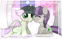 Size: 1280x810 | Tagged: safe, artist:crystalmoon101, artist:diamondloveda, derpibooru import, maud pie, rarity, oc, oc:emerald, oc:sylvia, dracony, earth pony, hybrid, pony, unicorn, base used, blushing, duo focus, eyes closed, female, filly, foal, interspecies offspring, nuzzling, offscreen character, offspring, parent:maud pie, parent:mud briar, parent:rarity, parent:spike, parents:maudbriar, parents:sparity