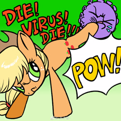 Size: 2067x2067 | Tagged: safe, artist:kura, derpibooru import, applejack, earth pony, pony, coronavirus, covid-19, kicking, solo, virus