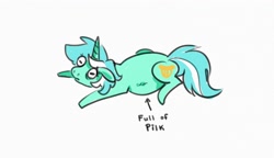 Size: 3600x2078 | Tagged: safe, artist:opalacorn, derpibooru import, lyra heartstrings, pony, unicorn, bloated, female, full of pilk, lying down, mare, meme, pilk, prone, simple background, solo, sploot, white background