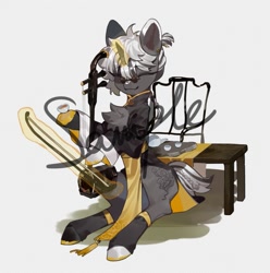 Size: 731x736 | Tagged: safe, artist:kura, derpibooru import, oc, oc only, pony, unicorn, chest fluff, clothes, cup, drink, eyes closed, glasses, horn, jinghu, magic, magic aura, musical instrument, sample, simple background, solo, table, teapot, telekinesis, watermark
