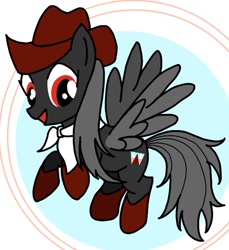 Size: 623x680 | Tagged: safe, artist:kyusa0159, derpibooru import, pegasus, pony, cowboy hat, female, flying, full body, hat, hooves, kurokoma saki, mare, open mouth, open smile, ponified, smiling, solo, spread wings, stetson, tail, touhou, wings