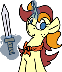 Size: 1152x1336 | Tagged: safe, artist:skookz, derpibooru import, oc, oc only, oc:juniper stone, pony, unicorn, bandana, dithering, female, freckles, magic, mare, simple background, solo, sword, telekinesis, transparent background, weapon