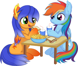 Size: 8094x6789 | Tagged: safe, artist:cyanlightning, derpibooru import, rainbow dash, oc, oc:solar aura, pegasus, pony, .svg available, absurd resolution, chips, duo, ear fluff, ears, female, food, hoof hold, mare, sandwich, simple background, sitting, soda, transparent background, vector