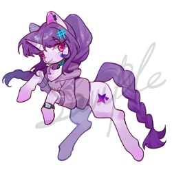 Size: 2000x2000 | Tagged: safe, artist:kura, derpibooru import, oc, oc only, pony, unicorn, chest fluff, clothes, commission, ear piercing, female, horn, jacket, mare, obtrusive watermark, piercing, sample, simple background, solo, watch, watermark, white background