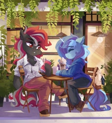 Size: 3731x4096 | Tagged: safe, artist:saxopi, derpibooru import, oc, oc only, oc:conicaw, oc:crimson fist, earth pony, semi-anthro, unicorn, bag, brown eyes, cafe, cheek fluff, chest fluff, clothes, colored pupils, commission, drink, drinking, drinking straw, duo, duo male, earth pony oc, eyebrows, eyebrows visible through hair, eyelashes, eyes closed, high res, hoof shoes, horn, looking at someone, male, milkshake, outdoors, pants, scar, shirt, sitting, smiling, stallion, tail, two toned mane, two toned tail, unicorn oc