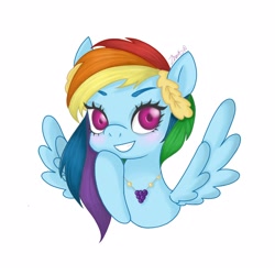 Size: 1600x1600 | Tagged: artist needed, safe, derpibooru import, rainbow dash, pegasus, pony, blushing, bust, looking at you, simple background, smiling, smiling at you, spread wings, white background, wings