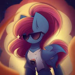 Size: 2600x2600 | Tagged: safe, artist:miryelis, derpibooru import, oc, oc:rainven wep, pegasus, pony, clothes, crossover, fire, glasses, looking at you, ponytail, serious sam, smiling, smiling at you, solo, wings