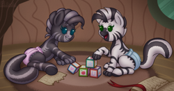 Size: 2000x1049 | Tagged: safe, artist:eltaile, derpibooru import, oc, oc:zedaka skunkpony, oc:zerura skunkpony, hybrid, pony, skunk, skunk pony, zebra, book, colt, commission, cube, diaper, duo, equine, female, filly, foal, male, parents:canon x oc, playing, siblings, sitting, smiling, toy, twins, zecora's hut