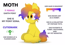 Size: 2064x1457 | Tagged: safe, artist:mochi_nation, derpibooru import, oc, oc only, oc:moth, earth pony, pony, female, gradient mane, mare, reference sheet, simple background, sitting, solo, white background