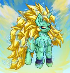 Size: 3827x4000 | Tagged: safe, artist:witchtaunter, derpibooru import, lyra heartstrings, pony, unicorn, angry, bracelet, commission, crossover, dragon ball z, ear fluff, ears, electricity, female, flying, frown, furrowed brow, jewelry, l.u.l.s., muscles, muscular female, sky, solo, super saiyan, super saiyan 3