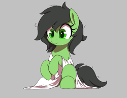 Size: 511x393 | Tagged: safe, ponerpics import, oc, oc only, oc:anon filly, earth pony, pony, aggie.io, clothes, female, filly, foal, gray background, mare, shirt, simple background, sitting, solo