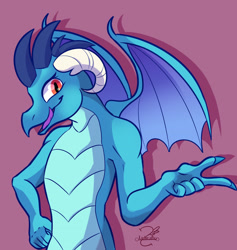 Size: 2547x2682 | Tagged: safe, artist:lechu-zaz, derpibooru import, princess ember, dragon, dragoness, female, hand on hip, pink background, signature, simple background, smiling, solo, tongue, tongue out