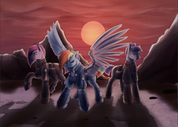 Size: 1254x894 | Tagged: safe, artist:arforzan, derpibooru import, maud pie, pinkie pie, rainbow dash, earth pony, pegasus, pony, alternate timeline, amputee, apinkalypse pie, apocalypse dash, apocalypse maud, artificial wings, augmented, backlighting, crystal war timeline, female, frown, mare, pinkamena diane pie, prosthetic limb, prosthetic wing, prosthetics, raised hoof, raised leg, red sky, shadow, signature, soldier, sun, trio, trio female, wings