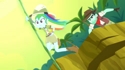 Size: 3410x1920 | Tagged: safe, derpibooru import, screencap, rainbow dash, slingshot (character), eqg summertime shorts, equestria girls, leaping off the page, boots, clothes, cutie mark on clothes, duo, female, high res, male, shoes