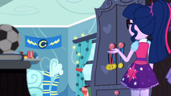 Size: 3410x1920 | Tagged: safe, derpibooru import, screencap, rarity, sci-twi, twilight sparkle, eqg summertime shorts, equestria girls, leaping off the page, clothes, cutie mark on clothes, female, glasses, high res, offscreen character, ponytail, sci-twi outfits, solo focus