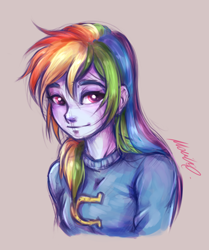 Size: 1612x1930 | Tagged: safe, artist:buttersprinkle, derpibooru import, rainbow dash, equestria girls, bust, clothes, female, gray background, simple background, solo, sweater, wondercolts