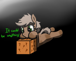 Size: 667x535 | Tagged: safe, artist:neuro, derpibooru import, oc, oc only, earth pony, pony, box, female, lying down, mare, mystery box, prone, runescape, solo, sploot