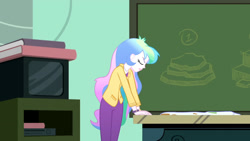 Size: 3410x1920 | Tagged: safe, derpibooru import, screencap, princess celestia, principal celestia, eqg summertime shorts, equestria girls, subs rock, apron, chalkboard, clothes, eyes closed, female, high res, solo, television