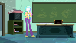 Size: 3410x1920 | Tagged: safe, derpibooru import, screencap, princess celestia, principal celestia, eqg summertime shorts, equestria girls, subs rock, apron, chalkboard, clothes, cute, cutelestia, eyes closed, female, high res, smiling, solo, television