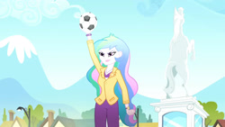 Size: 3410x1920 | Tagged: safe, derpibooru import, screencap, princess celestia, principal celestia, eqg summertime shorts, equestria girls, subs rock, female, football, high res, solo, sports, statue