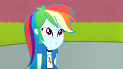 Size: 3410x1920 | Tagged: safe, derpibooru import, screencap, rainbow dash, eqg summertime shorts, equestria girls, subs rock, canterlot high, clothes, cutie mark on clothes, female, grin, high res, smiling, solo