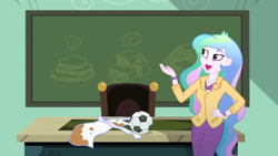 Size: 3410x1920 | Tagged: safe, derpibooru import, screencap, princess celestia, principal celestia, eqg summertime shorts, equestria girls, subs rock, apron, chalkboard, clothes, female, football, hand on hip, high res, open mouth, open smile, smiling, solo, sports