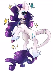 Size: 1767x2418 | Tagged: safe, artist:chocori, derpibooru import, rarity, pony, unicorn, blue eyes, blue eyeshadow, chest fluff, choker, eyeshadow, female, hock fluff, horn, horn ring, jewelry, leonine tail, mare, pendant, peytral, rarity's cutie mark, ring, simple background, smiling, solo, sparkles, sparkly eyes, tail, tail bracelet, tail fluff, tail ring, unshorn fetlocks, white background, wingding eyes