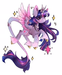 Size: 1977x2388 | Tagged: safe, artist:chocori, derpibooru import, twilight sparkle, twilight sparkle (alicorn), alicorn, pony, chest fluff, clothes, colored hooves, colored wings, crown, female, gold hooves, high res, hooves, horn, horn ring, jewelry, leonine tail, looking at you, mare, peytral, regalia, ring, simple background, solo, sparkles, tail, tail bracelet, tail ring, twilight sparkle's cutie mark, two toned wings, unshorn fetlocks, white background, wings