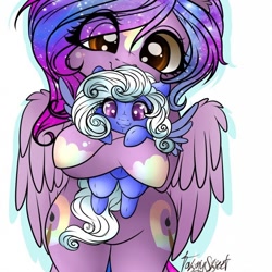 Size: 756x756 | Tagged: safe, artist:tawnysweet, derpibooru import, oc, oc only, oc:comfy pillow, oc:dazzling talents, alicorn, pegasus, pony, bipedal, cute, eye clipping through hair, female, holding a pony, mare, ocbetes, plushie, simple background, solo, white background