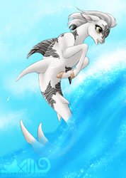 Size: 533x750 | Tagged: safe, artist:the13thblackcat, derpibooru import, oc, oc only, hybrid, merpony, seapony (g4), brown eyes, bubble, cloud, dorsal fin, female, fish tail, logo, mare, ocean, open mouth, sky, smiling, solo, sunlight, tail, water, watermark, white mane