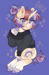 Size: 2166x3330 | Tagged: safe, artist:gaydotpng, derpibooru import, moondancer, pony, unicorn, g4, clothes, female, glasses, mare, purple background, redesign, simple background, sitting, solo, sparkles, sweater, turtleneck