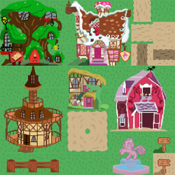 Size: 256x256 | Tagged: safe, artist:scootaloormayfly, derpibooru import, barn, fence, fountain, golden oaks library, grass, house, no pony, path, pixel art, ponyville, ponyville town hall, rpg maker, rpg maker vx ace, sign, sugarcube corner