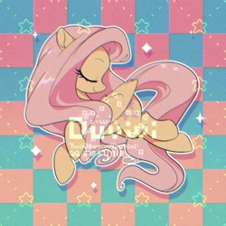 Size: 2000x2000 | Tagged: safe, artist:duvivi, derpibooru import, part of a set, fluttershy, pegasus, pony, checkered background, chromatic aberration, cute, eyes closed, female, high res, mare, profile, shyabetes, solo, stars