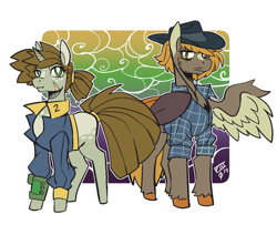 Size: 640x543 | Tagged: safe, artist:scarfyace, derpibooru import, oc, oc:calamity, oc:littlepip, pegasus, pony, unicorn, fallout equestria, clothes, female, hat, jumpsuit, male, mare, stallion, vault suit