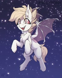 Size: 1200x1500 | Tagged: safe, artist:airfly-pony, derpibooru import, oc, oc only, bat pony, pony, chest fluff, commission, ear fluff, ears, eye clipping through hair, fangs, flying, signature, slit eyes, solo, transparent wings, wings, ych result